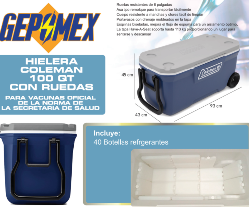 Hielera Coleman 100 qt con ruedas para vacunas oficial de la Norma de la Secretaría de salud