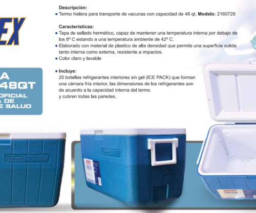 Hielera Coleman 48 qt para vacunas oficial de la Norma de la Secretaría de Salud