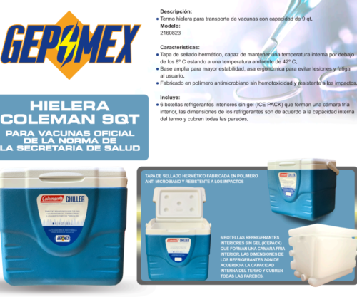 Hielera Coleman 9QT para vacunas oficial de la Norma de la Secretaría de Salud