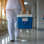 Hielera Coleman 9 QT para vacunas utilizada para conservar la cadena de frío.