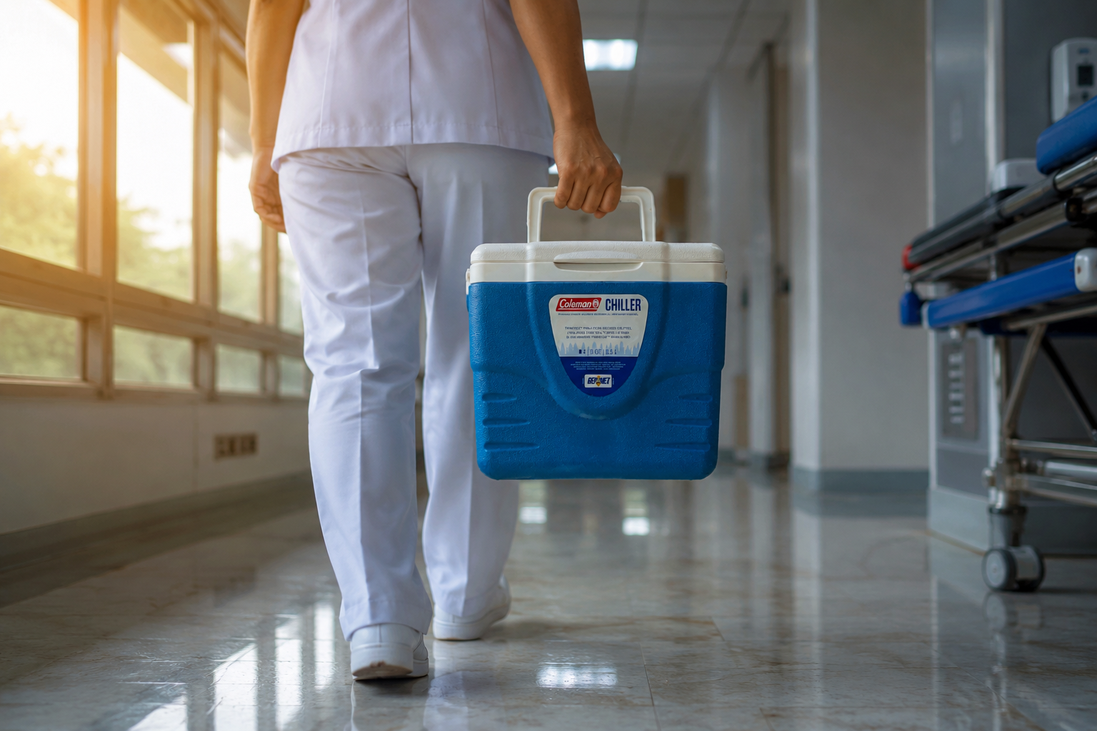 Hielera Coleman 9 QT para vacunas utilizada para conservar la cadena de frío.