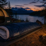 Sleeping bag Coleman dentro de una tienda de campaña durante una noche de camping