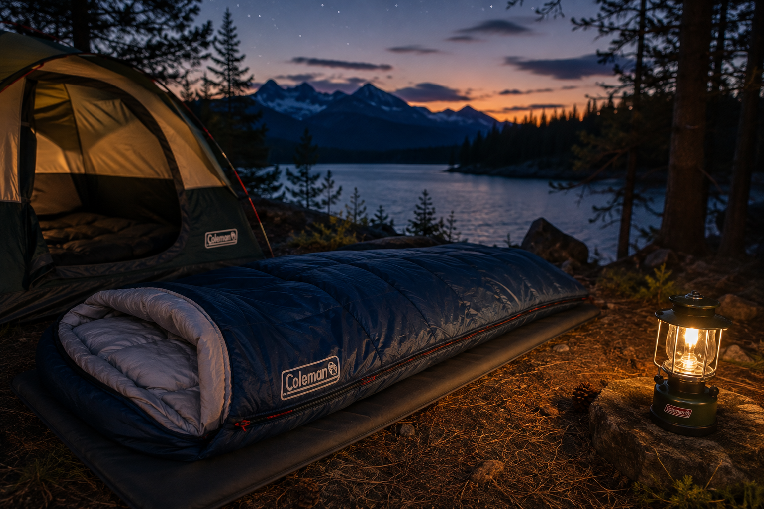 Sleeping bag Coleman dentro de una tienda de campaña durante una noche de camping