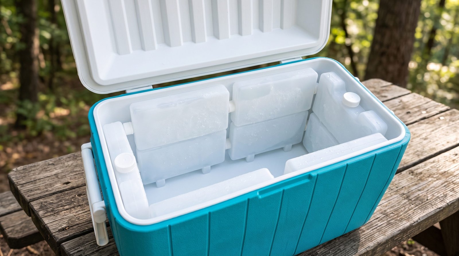 Vista interior de una hielera organizada por capas con botes refrigerantes y bebidas frías.